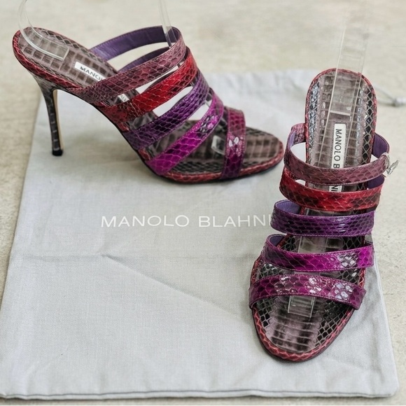 Manolo Blahnik Shoes - Manolo Blahnik Multi-Strap Snakeskin Mules - Pink & Purple Ombré (36.5)